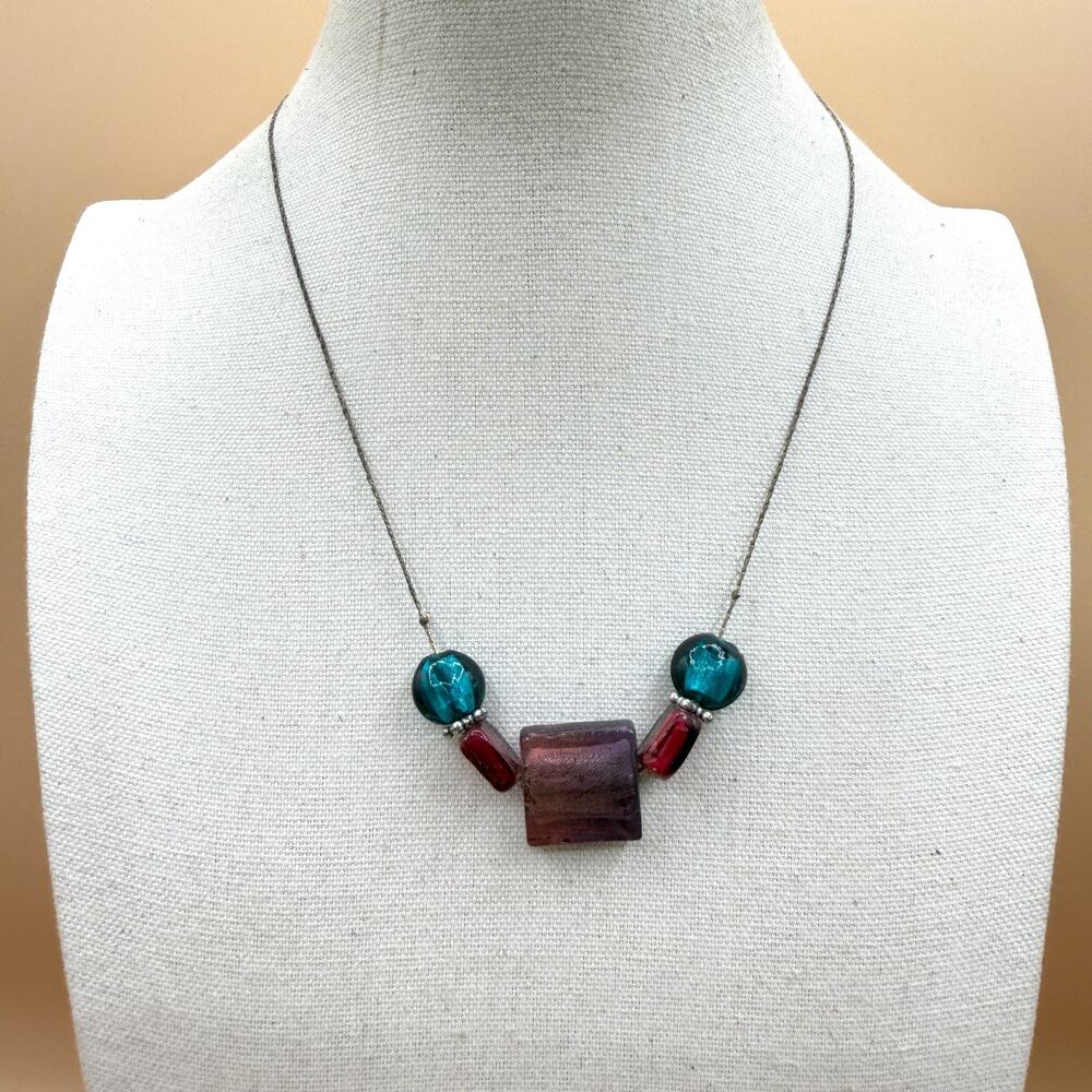 Teal Red Foil Glass Bead Necklace Square Pendant Silver Tone Y2K Statement Gift